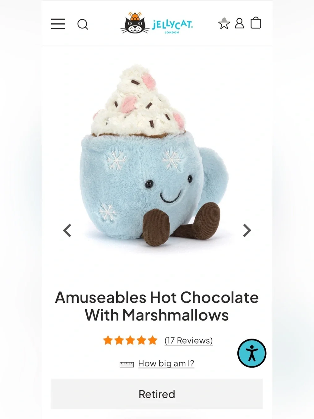 Jellycat Amuseables Hot Chocolate with Marshmallows (retired) with Dustbag
